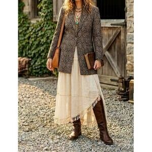 90s Vintage Dialogue Made in Hong Kong Brown Tan Brocade Long Blazer Size 16